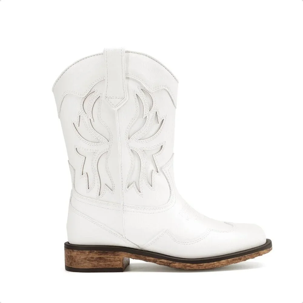 ⚡Girls White Square Toe Mid Calf Cowgirl Boots Western Fashion Riding Shoes